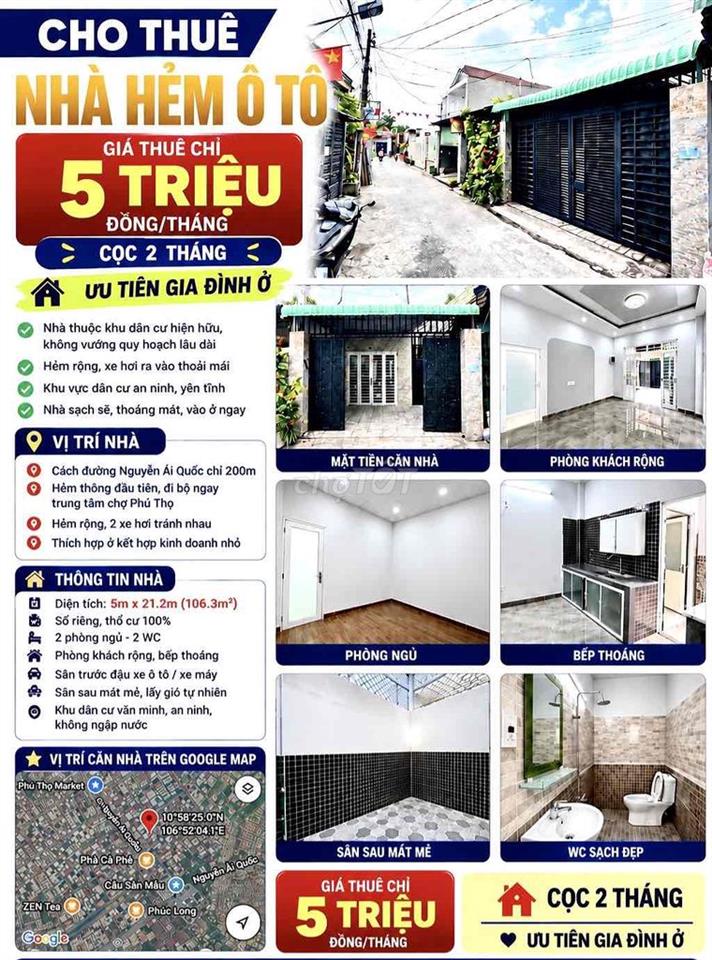 NHÀ MỚI TRUNG TÂM CHỢ PHÚ THỌ, HẺM THÔNG XE HƠI, GIÁ THUÊ 5 TR.Đ/THÁNG