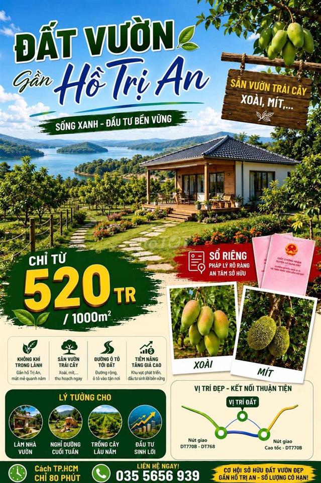 🍃 CHỈ 520TR CÓ Ngày 1000m2 vườn TẬN HƯỞNG Không Gian Yên Bình Gần Sông
