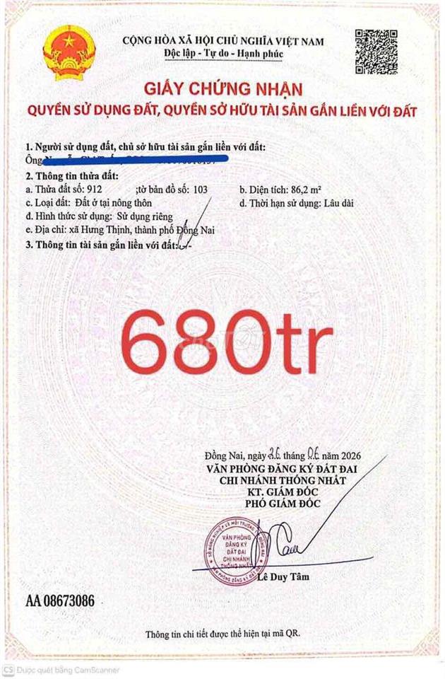 CHỈ 680 TRIỆU SỞ HỮU ĐẤT THỔ CƯ SỔ RIÊNG 135m2 XÃ HƯNG THỊNH ĐỒNG NAI