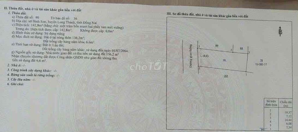 Đất ở 142,8m2 tại Phường Long Thành, tỉnh Đồng Nai (chính chủ)