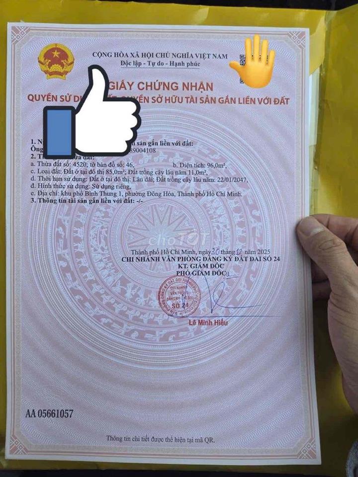 Đất SHR ngang 5,5m đường thông P.Đông Hoà TPHCM DT 96m2