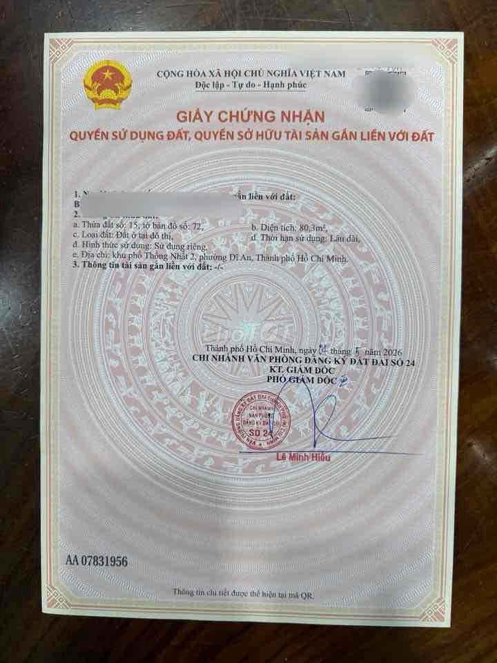 Nhà SHR 72m2 tc 100% phường Dĩ An hẻm 2,1m xóm nghèo giáp Thủ Đức