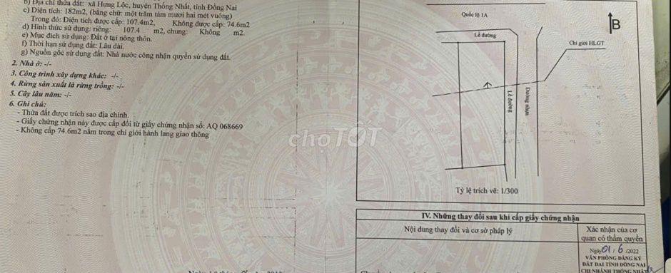 Chính chủ bán đất mặt tiền Hưng Lộc, Thống Nhất, sổ hồng riêng, thổ cư