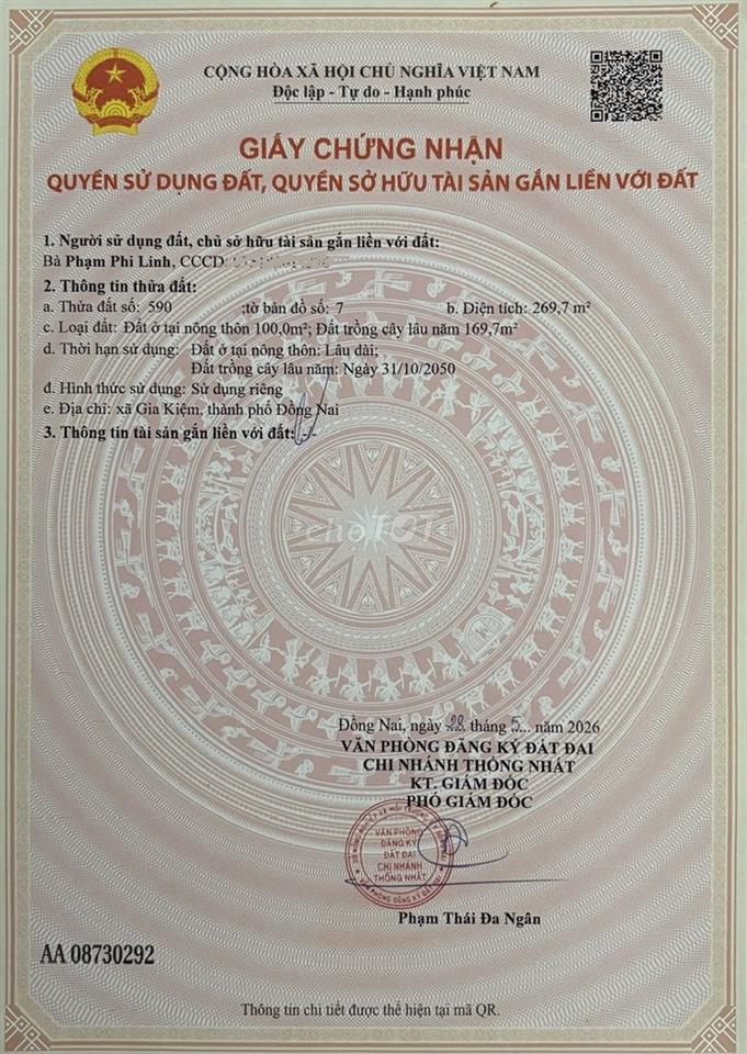 cần bán lô đất thổ cư, sau nhà thờ Thanh Sơn