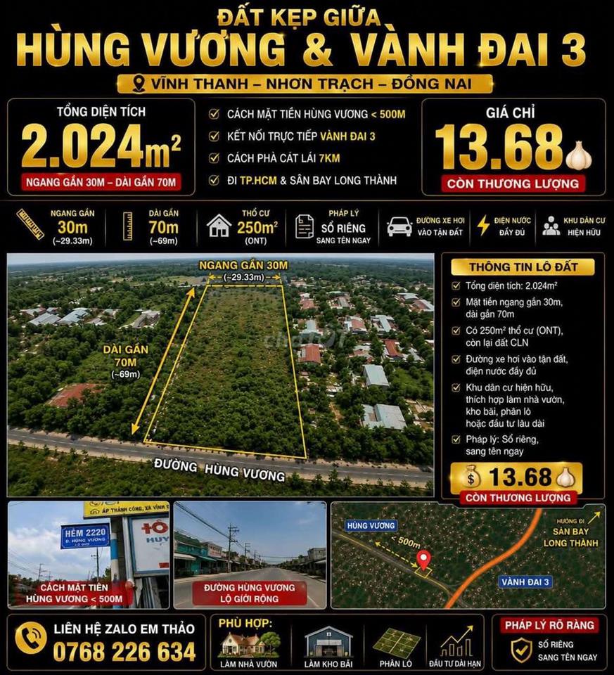 Đất kẹp giữa Hùng Vương & Vành đai 3 • 2.024m² • 💰13.68🧄 • 📱