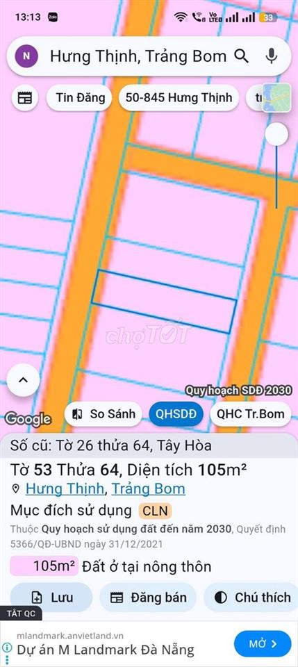 ĐẤT 105M² 2 MẶT TIỀN – FULL HỒNG – GẦN KCN BÀU XÉO – CHỈ 490TR