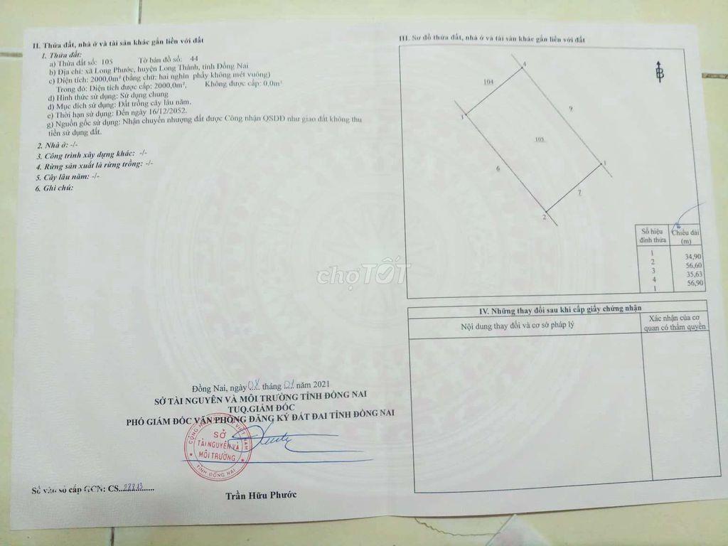 Cần bán miếng đất sổ ĐSH 217m2 xã Long phước, lòng thành