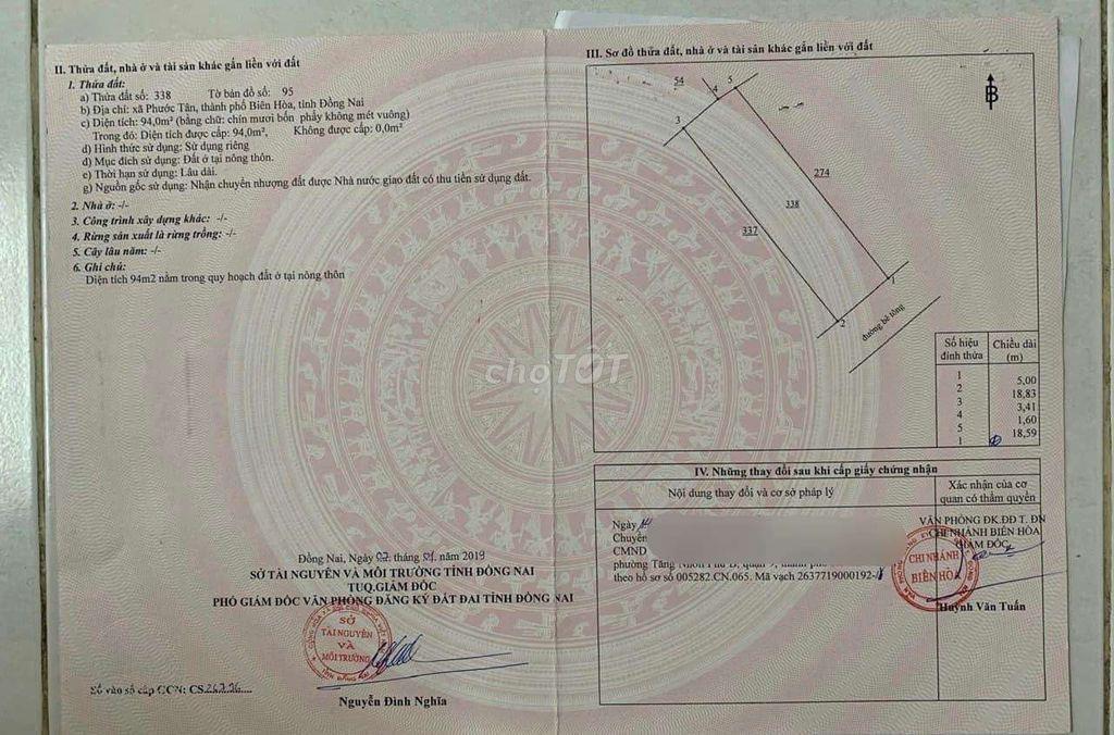 Bán đất nền 94m thổ cư sổ hồng riêng