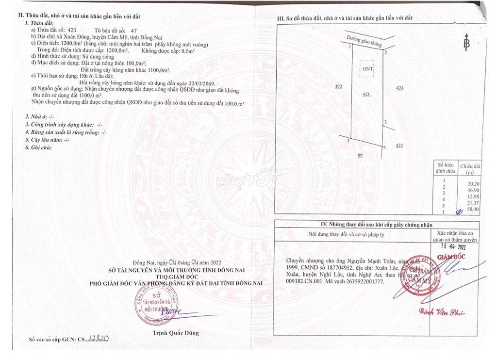 BÁN ĐẤT VƯỜN CÓ 100M² THỔ CƯ