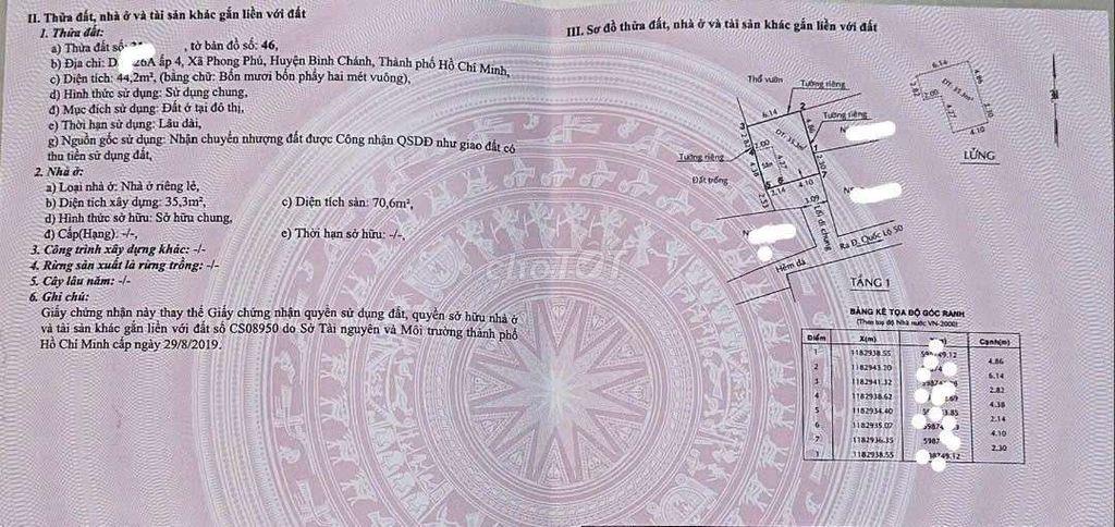 bán nhà sổ hồng xã phong phú ql50