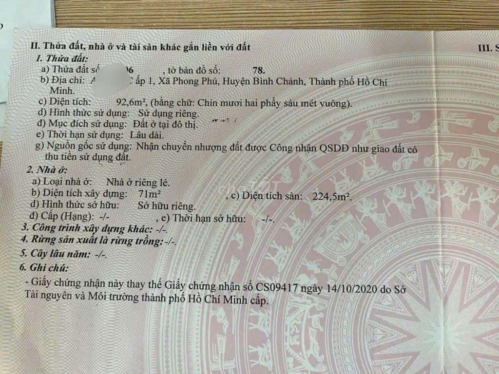 bán nhà sổ hồng 2 lầu xã phong phú ql50