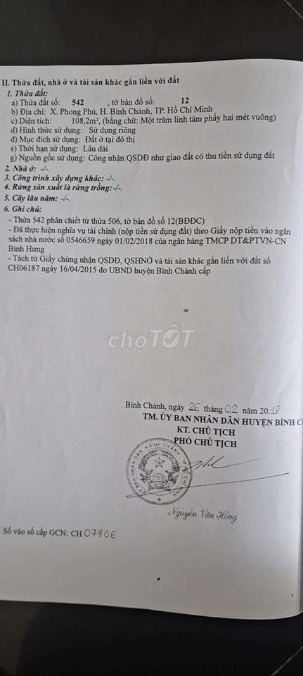 bán đất thổ cư 108m2 sổ riêng kdc xã Phong Phú gần Nguyễn Văn Linh