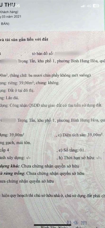 Bán nhà gần Aeon Tân Phú (39m2 đất ở đô thị) không quy hoạch