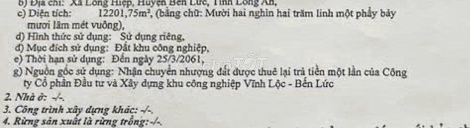 Bán đất 2 mặt tiền KCN Vĩnh Lộc 2 Bến Lức Long An 12.200m², sổ hồng 