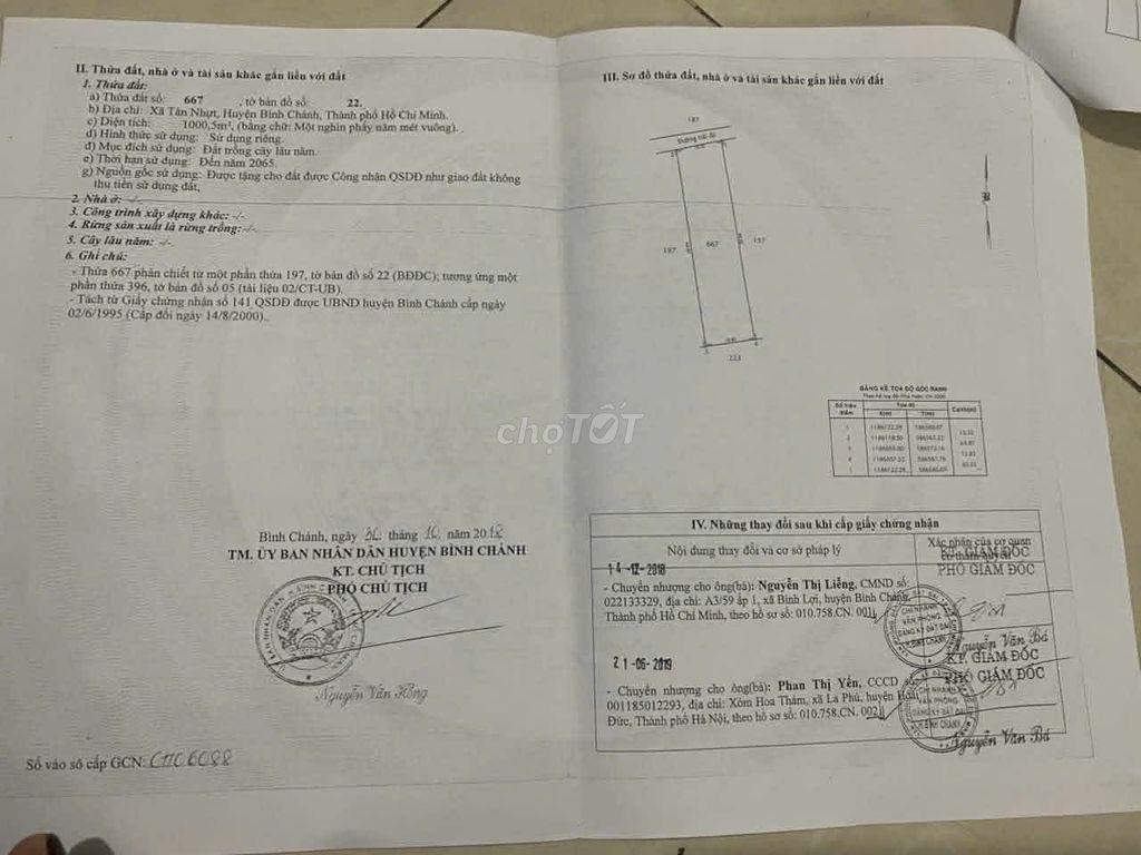 Bán đất 1000m2 xã Tân Nhựt,Bình Chánh