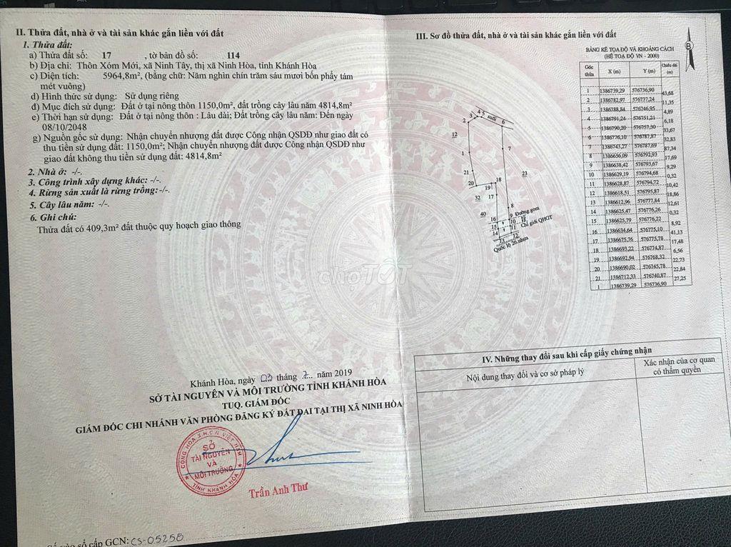 BÁN GẤP ĐẤT THỔ CƯ MT QUÔC LỘ 26, XÃ NINH TÂY, NINH HÒA CHỈ 1,4TR/M2
