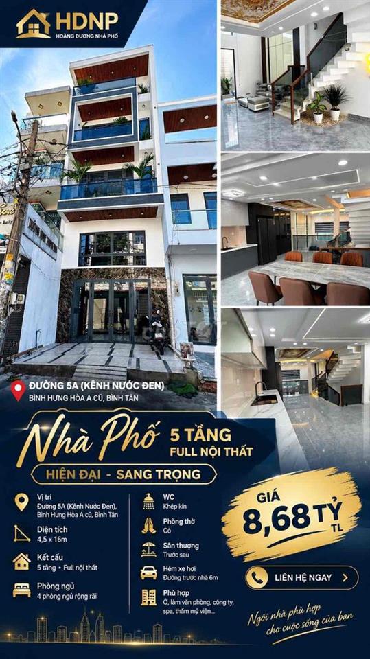 Nhà Phố 5 Tầng – 72m² – Đường 5A Bình Tân