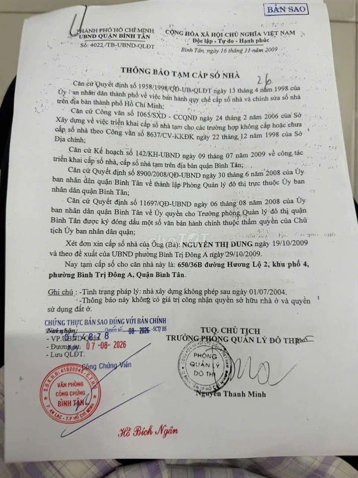 Nhà bán 650/36B Hương Lộ 2 - Bình Trị Đông, Mua bán công chứng vi bằng