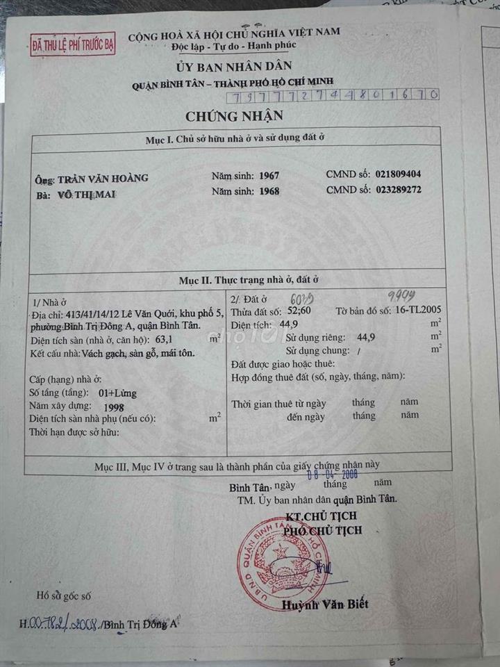 Tôi Cần Bán Căn Nhà Chính chủ Q.Bình Tân hẻm 413 lê văn quới