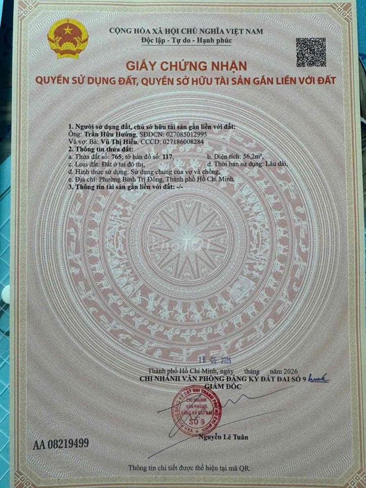 Bán Đất Thổ Cư,226/2 Tân hoà đông,Q.Bình tân HCM