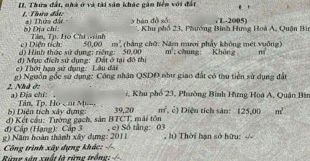 50m2, ra Lê Văn Quới Bình Tâng, 3 tầng 4PN, hêm oto, Sổ hồng riêng bao