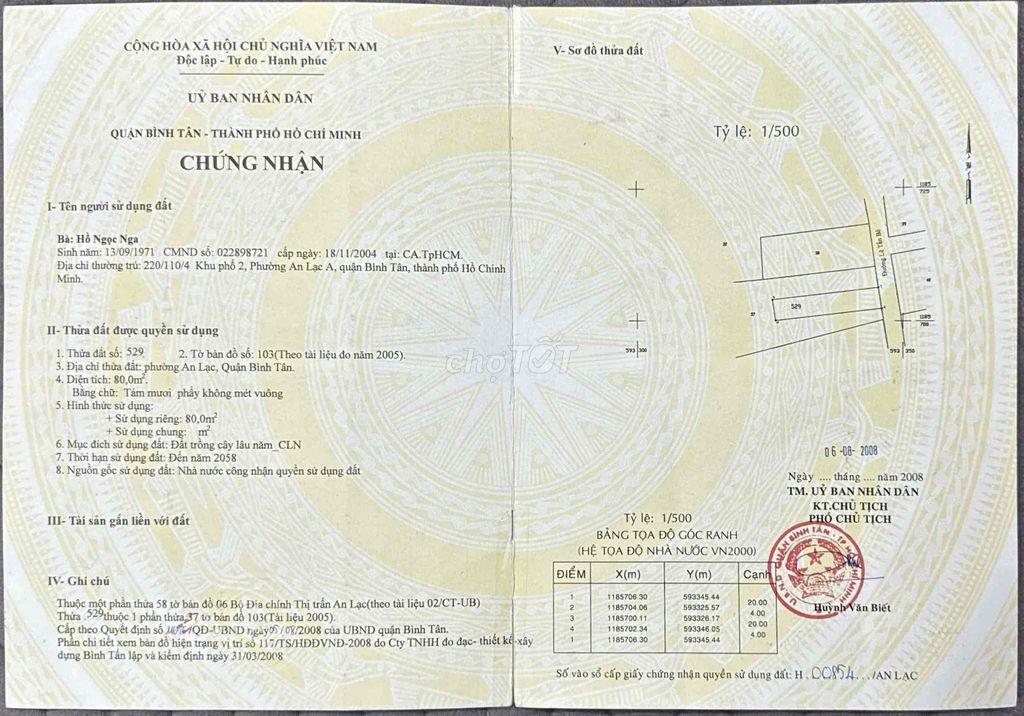 chính chủ Bán nền đất mặt tiền đường Lê Tấn Bê. Quận Bình Tân