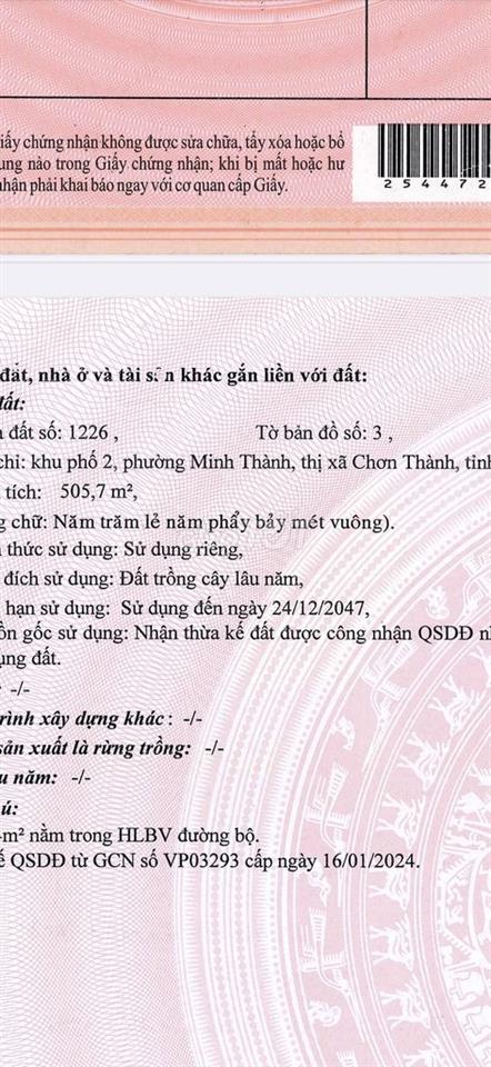 Bán 7 lô đất CLN, mỗi lô hơn 500m2, P Minh Thành, TX Chơn Thành, BP