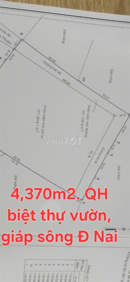 4,370m2 đất, XD biệt thự, 2MT xe tải, cách S Đồng Nai 100m, L Phước Q9