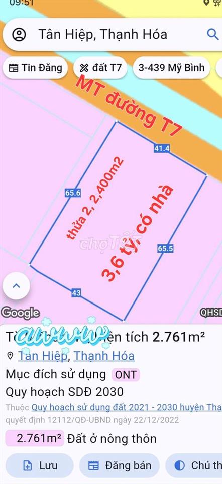Bán 2 thửa đất thổ cư, MT đường T7, Bình Thành, Đ Huệ cũ, Tây Ninh mới