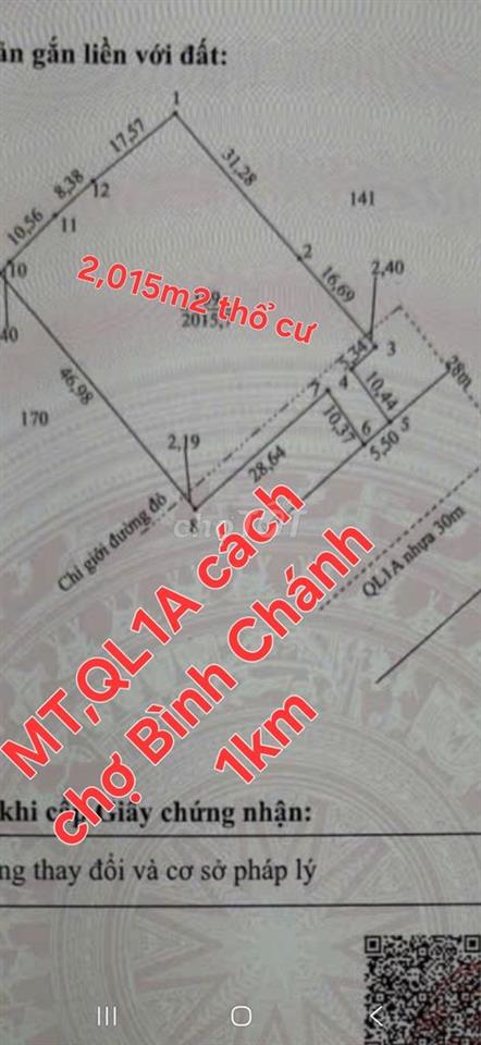 Bán 2,015m2 đất thổ + xưởng nhỏ, MT, QL1A, cách chợ Bình Chánh 1km