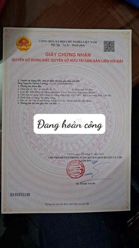 Bán nhà lầu hoàn công (8,75x9,75) đường số 160 Huỳnh Minh Mương,xe hơi