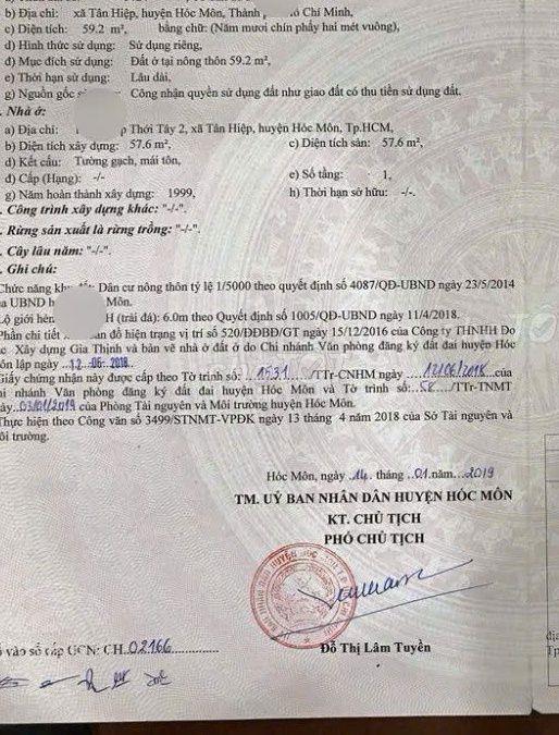 Bán nhà CH.Ủ ĐANG Ở – XÃ HÓC MÔN (TÂN HIỆP CŨ)820 Triệu sổ hồng riêng