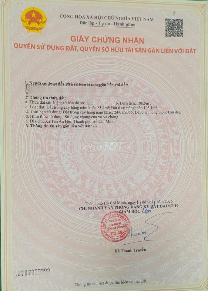 Bán gấp lô đất 186m2 - 1 tỷ250 đường Nguyễn Văn Khạ Tân An Hội Củ Chi
