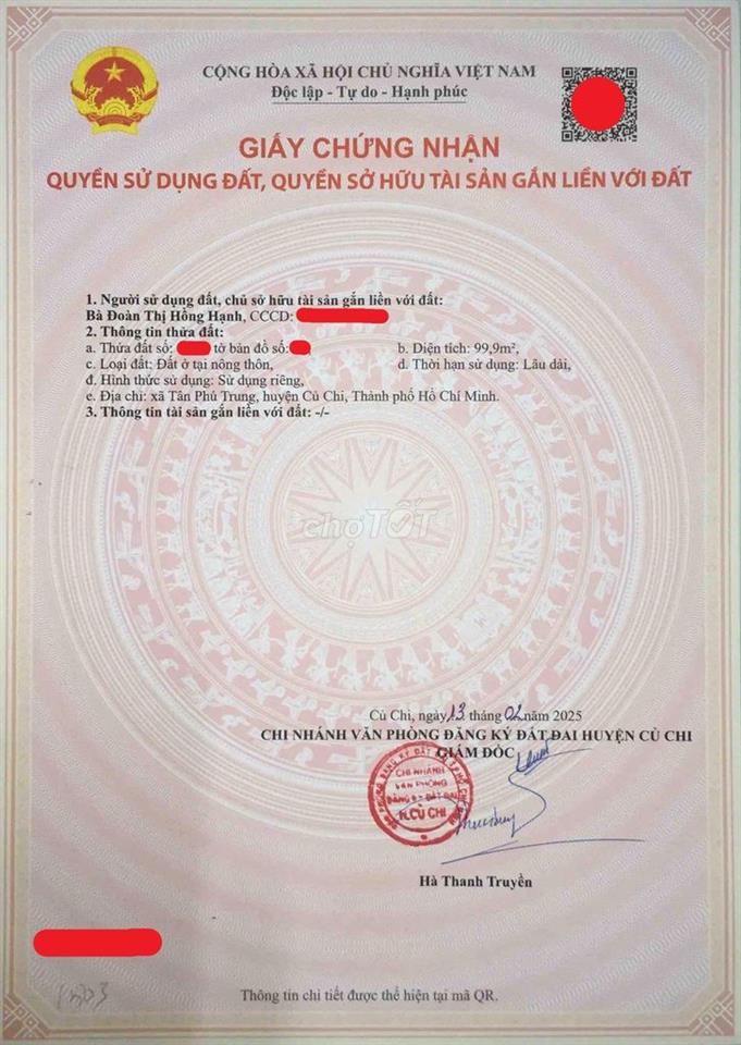 Bán Gấp 100m2 MTĐ Giá 1Tỷ550 Tại Xã Tân Phú Trung, Củ Chi , TPHCM, SHR