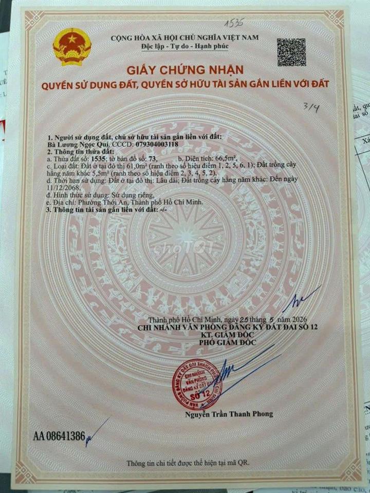 hạ giá bán gắp lô đất 61,8m đường cầu ba phụ tx 25 phường thạnh xuân