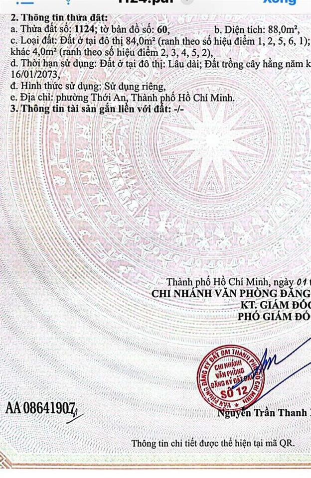 chủ ngộp bán gấp lô đất 88m đường tx 52 phường thạnh xuân