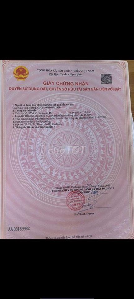 dat thổ cư 110m². củ Chi, đường nhựa lớn 2.5ty