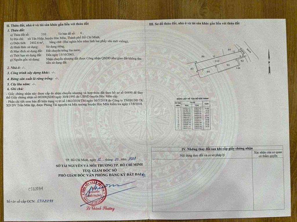 BÁN NHANH ĐẤT TÂN HIỆP- HOOC  MÔN