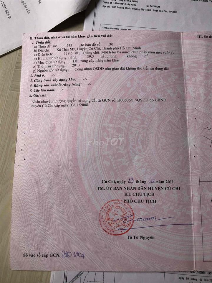 Cần bán đất ỏ xã Thái Mỹ( p Thái Mỹ) Củ Chi
