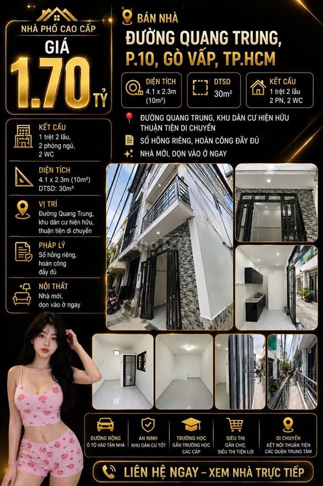 [SHR] Hẻm 2M Quang Trung 1 Trệt 2 Lầu 3 Phòng Ngủ 2 WC 