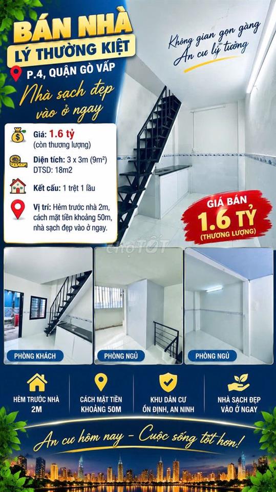 [SHR] Hẻm 2m5 Lý Thường Kiệt 1 Trệt 1 Lầu - Gần Chợ Gò Vấp