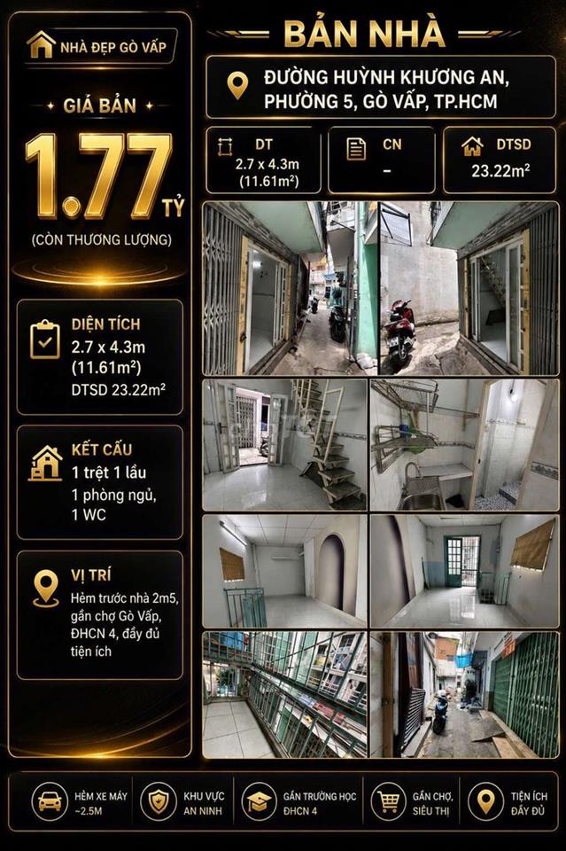 [SHR] Lý Thường Kiệt P.4 1 Trệt 1 Lầu Hẻm 2m5