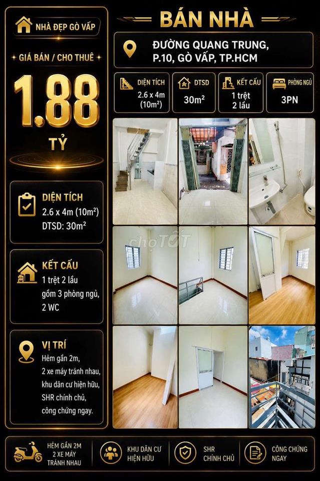 [SHR] Lý Thường Kiệt P.4 1 Trệt 1 Lầu Hẻm 2m5
