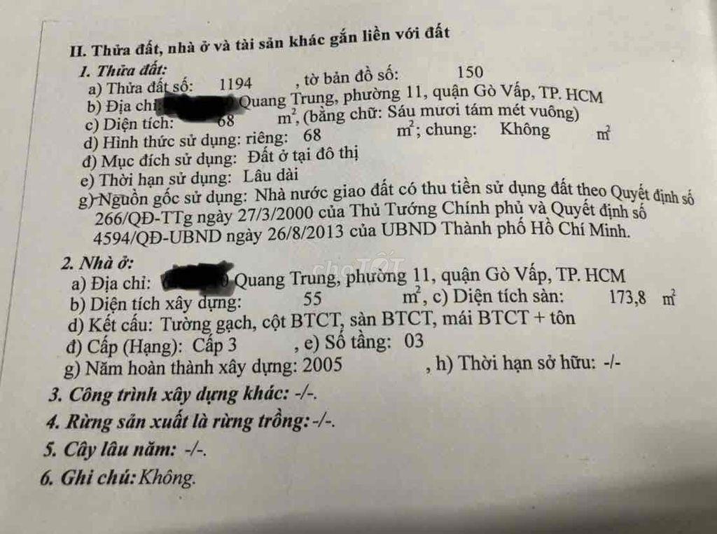 Chính chủ bán nhà mặt tiền đường nội bộ chợ Hạnh Thông Tây
