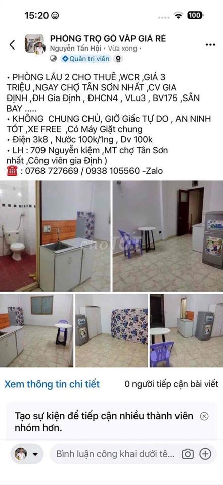 PHÒNG CHO THUÊ ,WC RIÊNG ,NGAY CHỢ TSN ,CV GIA ĐỊNH ,ĐH GIA ĐỊNH ,BV75