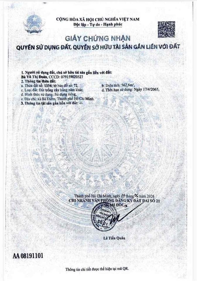 đất Khu Dân Cư . gần KCN Vĩnh Lộc . Tân Bình  Chín Chủ