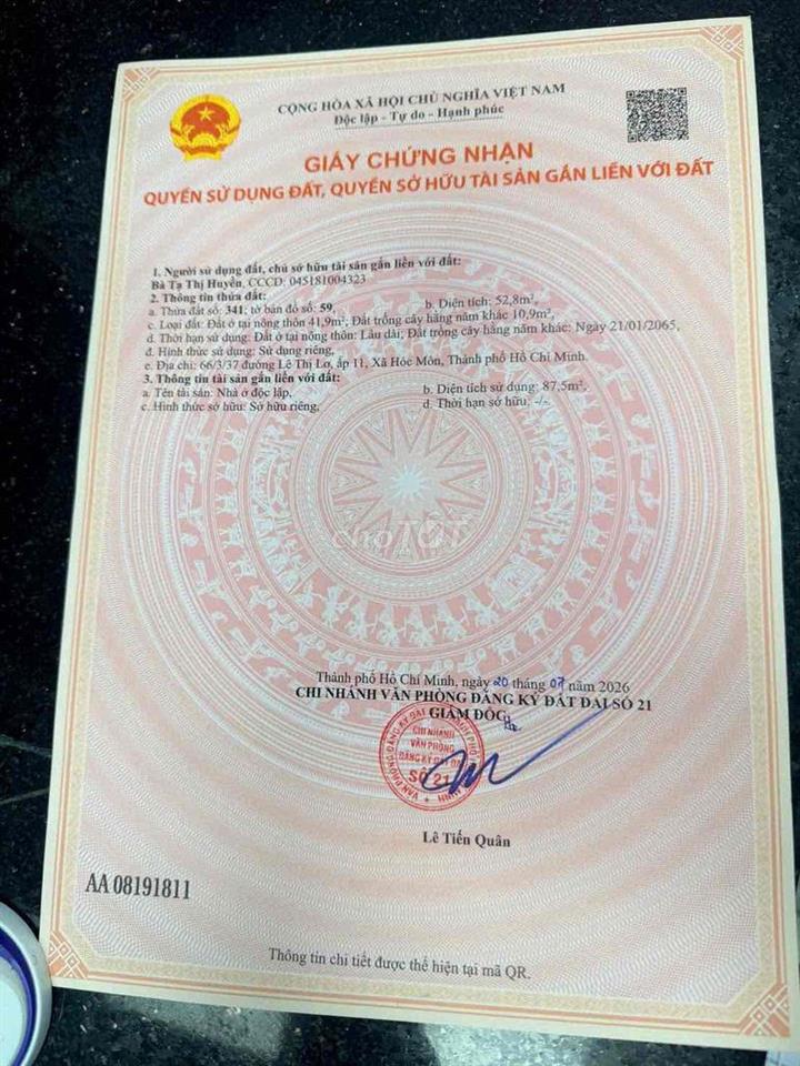 BÁN NHÀ NGAY SAU TRƯỜNG TRUNG CẤP BÁCH NGHỆ HÓC MÔN. SỔ HỒNG RIÊNG