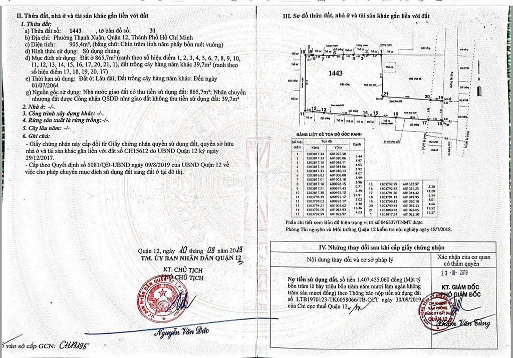 BÁN ĐẤT THẠNH XUÂN - QUẬN 12 - DIỆN TÍCH 905.4m2