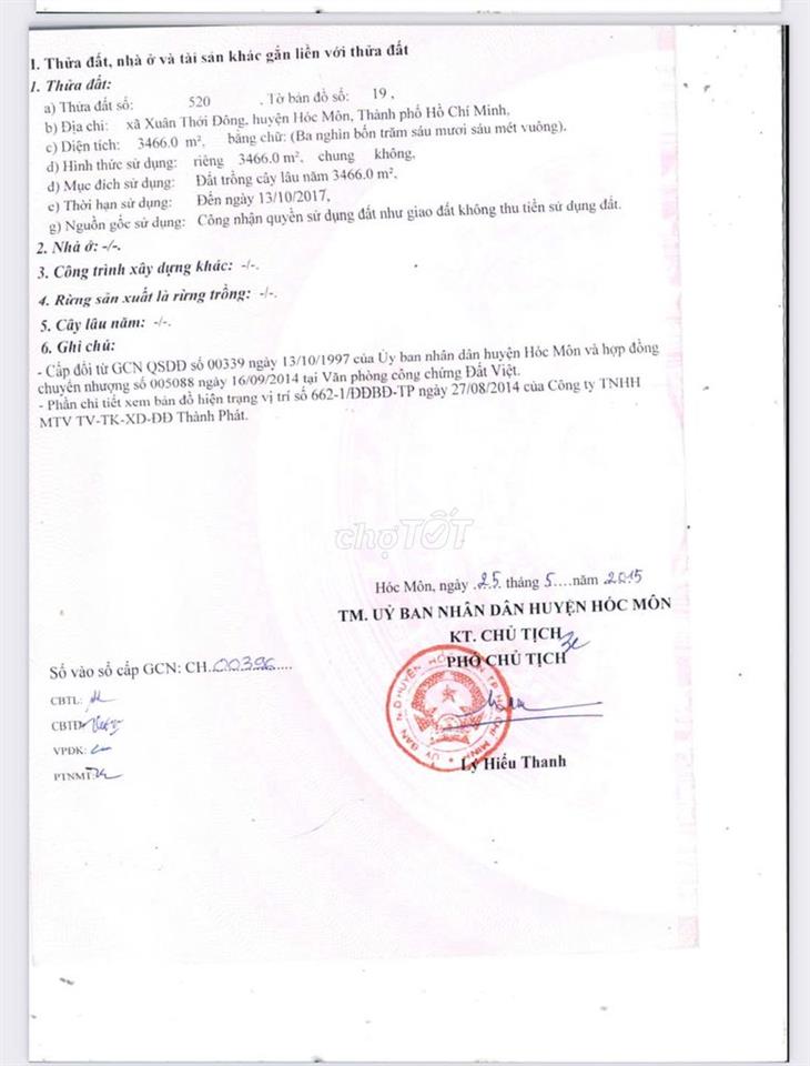 Bán đất đường Nguyễn Thị Chuối,Hóc Môn dt:3466m2 giá:21,5 tỷ