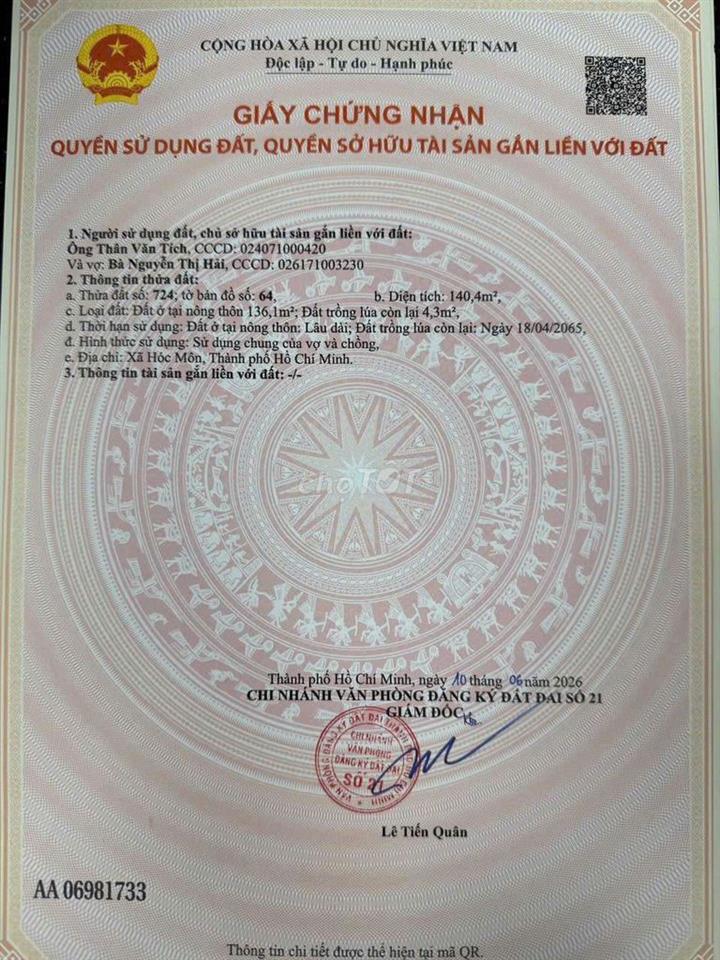 rẻ 2 miếng đất sau trường Trương văn Ngài chợ hóc môn 100m đường 8m